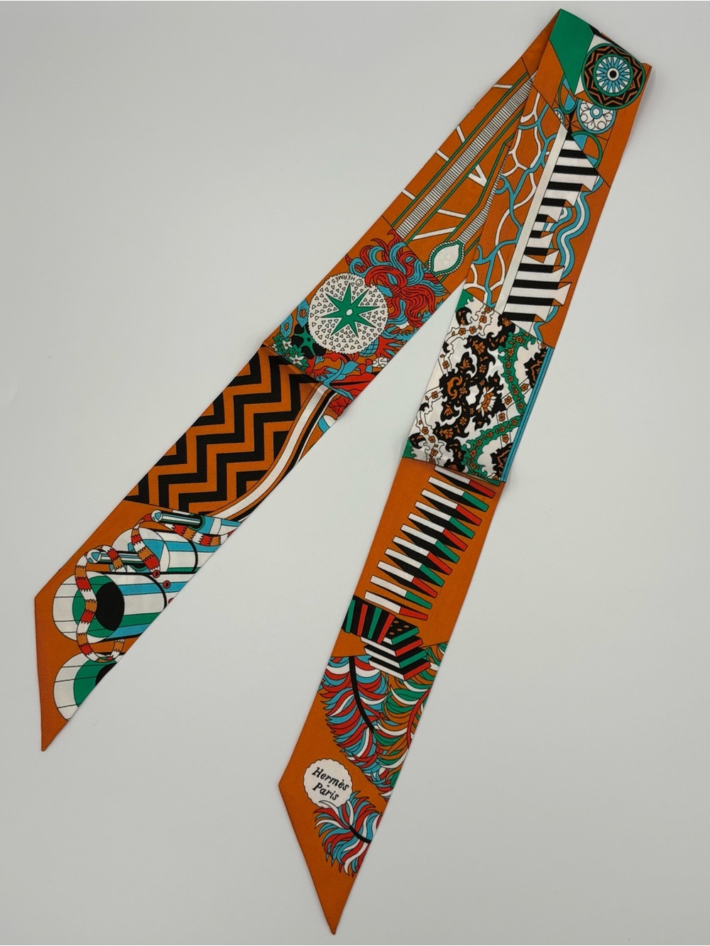 Hermes Twilly Scarf Orange Multicolor Geometric Print Bag Handle Wrap Accessory